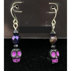 Handmade Purple & Black Skull Oil Slick & Black Crystal Earrings by Neanie-Bot